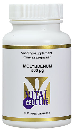 Vital Cell Life Molybdenum 500 mcg mineral capsules, close-up of 100 capsules in a bottle.