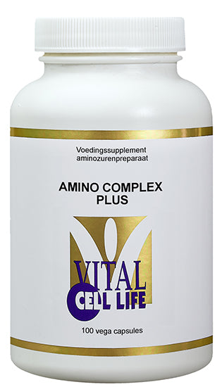 Vital Cell Life amino complex vegetarian capsules in a clear bottle, showcasing the supplement's white and green label.