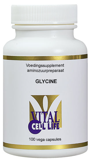 Vital Cell Life Glycine 500mg vegetarian capsules, amino acids supplement in clear bottle, close-up of capsules.