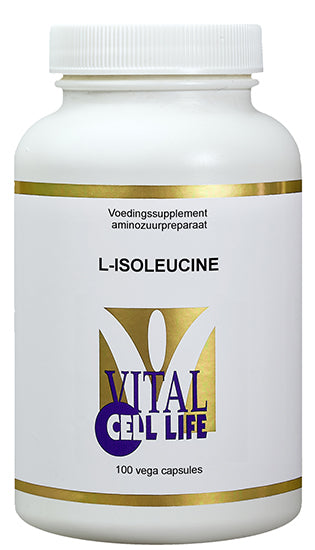 Vital Cell Life Isoleucine vegetarian capsules, 300mg amino acids supplement in a white bottle with capsules visible inside.