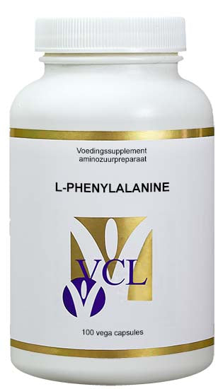 Vital Cell Life L-Phenylalanine 500mg amino acid capsules in a bottle, 100 capsules for dietary supplement use.