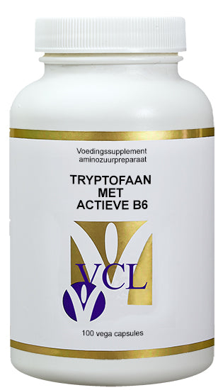 Vital Cell Life L-Tryptofaan amino acid capsules in a bottle, dietary supplement for mood and sleep support.