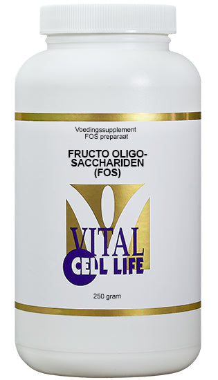 Vital Cell Life FOS powder in 250g container, herbal supplement with fine white powder for digestive health.
