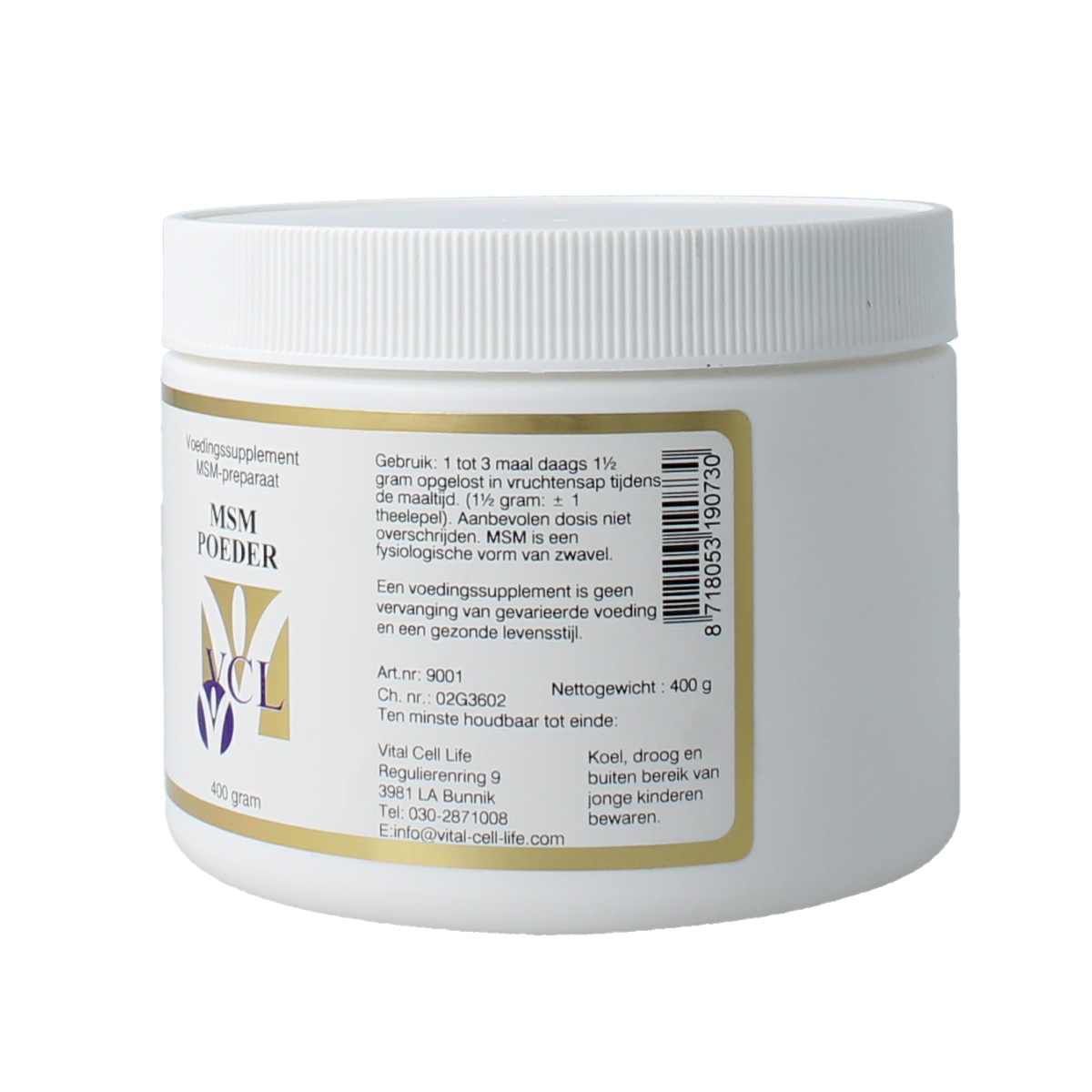 Vital Cell Life MSM powder 400g, mineral supplement in a clear container with a white lid, showing white crystalline powder inside.