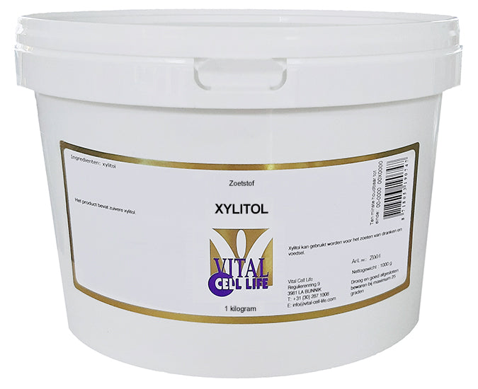 Vital Cell Life Xylitol 1kg bag of sweetener, natural sugar substitute, in a resealable package.
