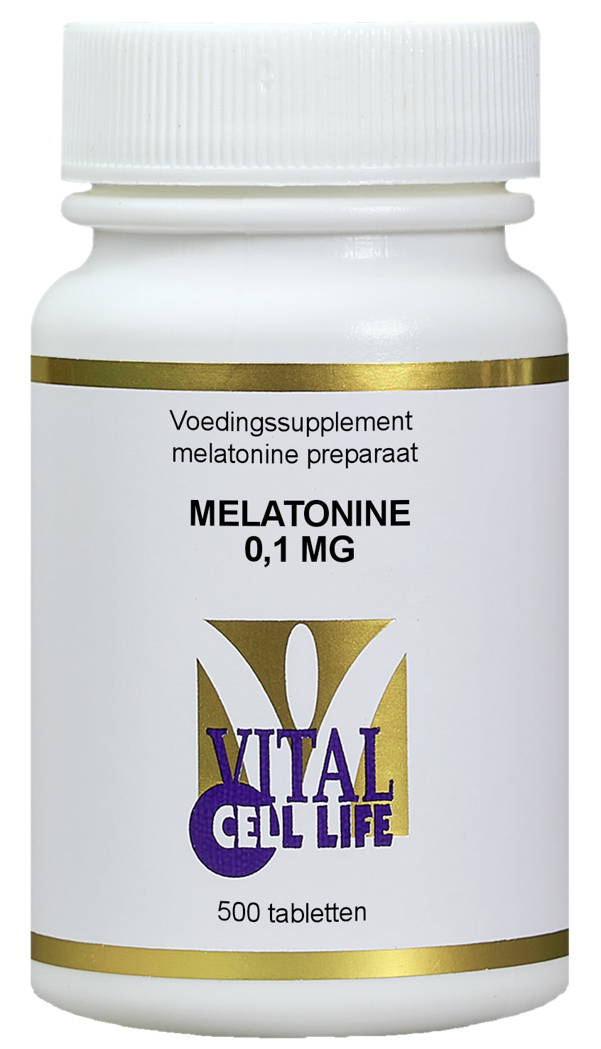 Vital Cell Life Melatonine 0.1mg herbal supplement tablets, featuring a bottle of 500 tablets with label and cap.
