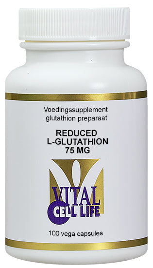 Vital Cell Life L-Glutathion 75mg reduced amino acid capsules in a bottle with a white label and capsule imagery.
