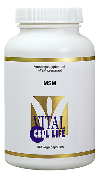 Vital Cell Life MSM 100 vegetarian capsules, mineral supplement in clear bottle, with capsules visible inside.