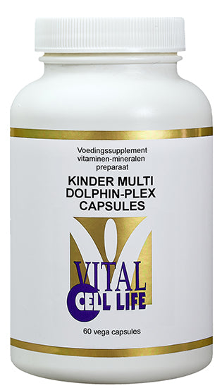 Vital Cell Life Dolphin Plex 60 vegetarian multi-vitamin capsules in a clear container, with colorful capsule packaging.