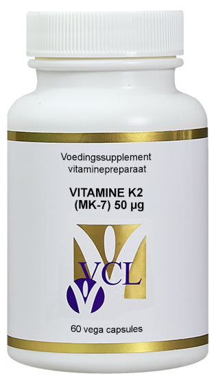 Vital Cell Life Vitamin K2 50 mcg vegetarian capsules, showing the supplement bottle with label and capsules inside.