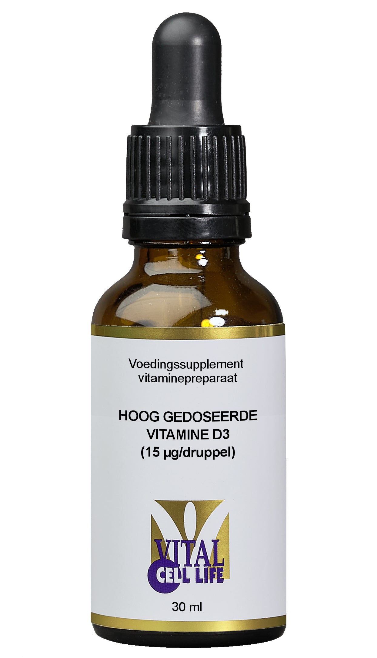Vital Cell Life Vitamin D3 drops in a 30ml bottle, featuring the product label and dropper for easy dosing.