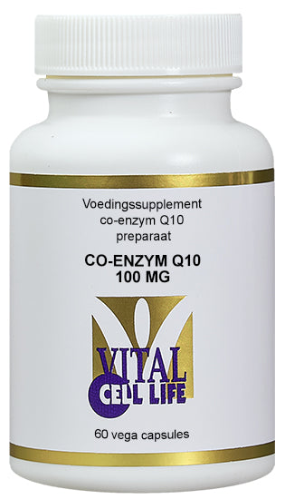 Vital Cell Life Coenzym Q10 100mg capsules, dietary supplement for energy support, shown in a close-up image.