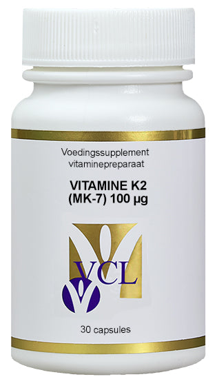 Vital Cell Life Vitamin K2 MK7 100mcg vegetarian capsules, close-up of the supplement bottle with capsules inside.