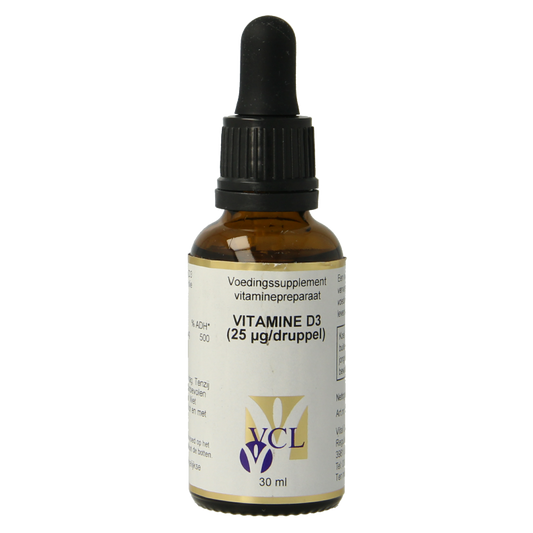 Vital Cell Life Vitamin D3 25mcg drops in a 30ml bottle, clear liquid with a dropper for easy use.