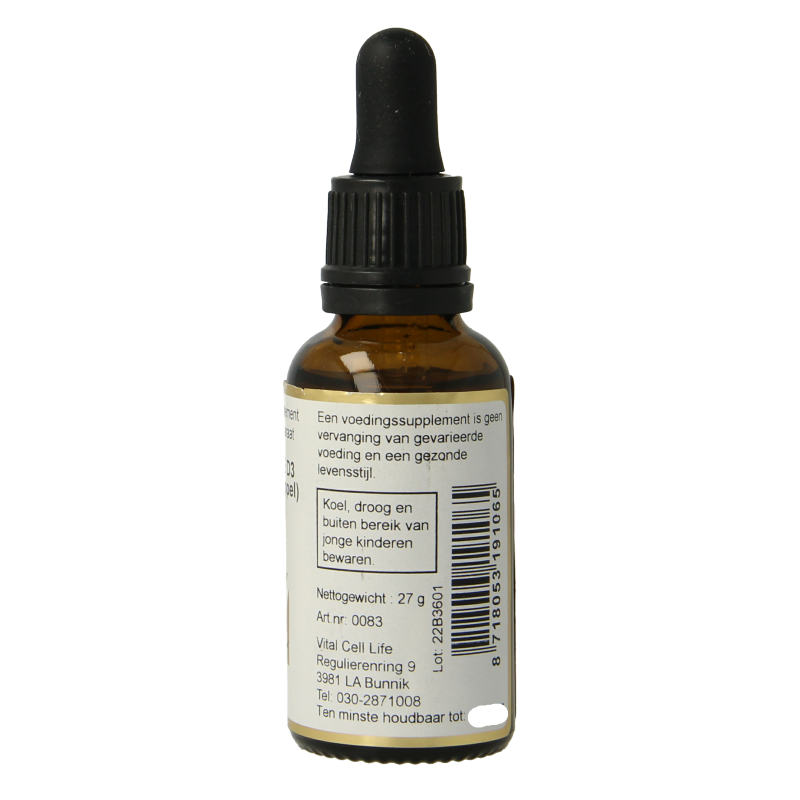 Vital Cell Life Vitamin D3 25mcg drops in a 30ml bottle, natural supplement for daily immune support and bone health.