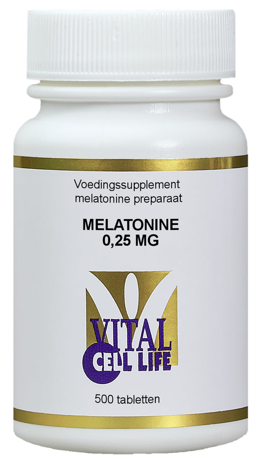 Vital Cell Life Melatonine 0.25mg herbal supplement bottles, 200 tablets for natural sleep support.