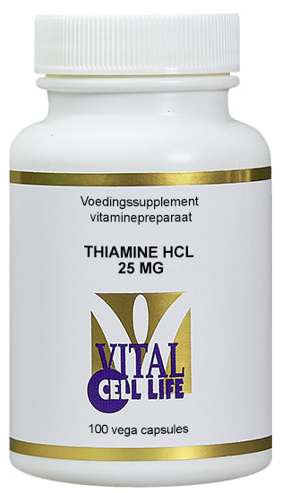 Vital Cell Life Thiamine HCL 25mg vegetarian capsules, dietary vitamin supplement with 100 capsules in bottle.