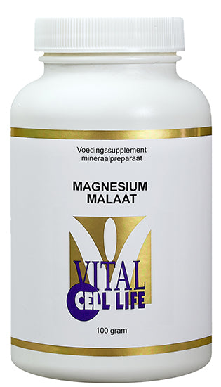 Vital Cell Life Magnesium Malate powder in a 100g container, showing the mineral supplement packaging and label.
