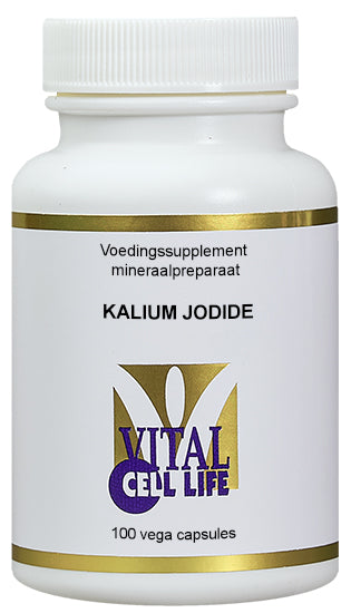 Vital Cell Life Kalium Jodide 500mg vegetarian capsules, mineral supplement, shown in a clear container with capsules inside.