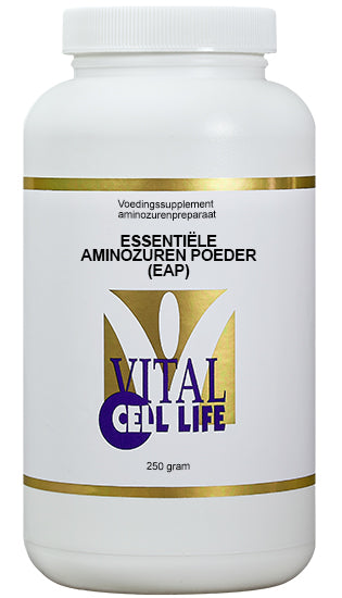 Vital Cell Life aminozuren poeder in een 250g container, close-up van het product met label en poeder in de schaal.