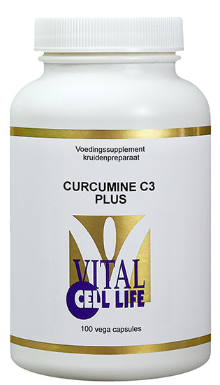 Vital Cell Life Curcumine C3 Plus herbal supplement in a bottle of 100 capsules, designed for natural health support.