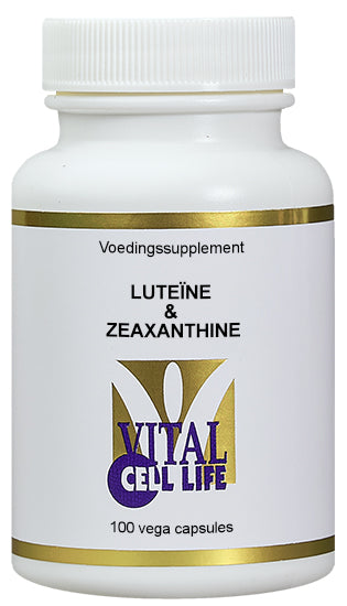 Vital Cell Life Luteine & Zeaxanthine vegetarian capsules, herbal supplement for eye health, shown in clear bottle with capsules.