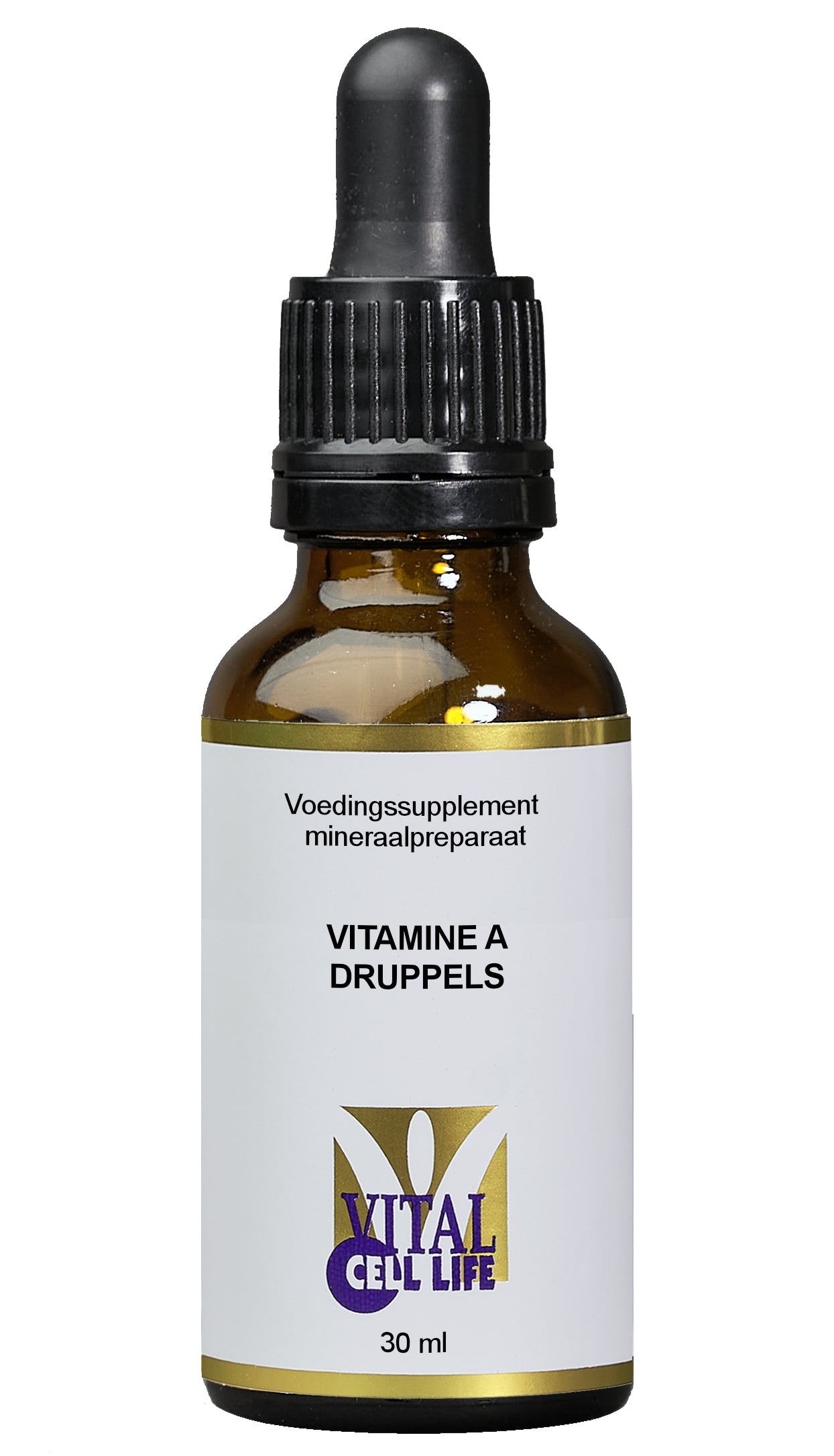 Vital Cell Life Vitamin A drops in a 30ml bottle, close-up view showing the dropper and label on the supplement container.