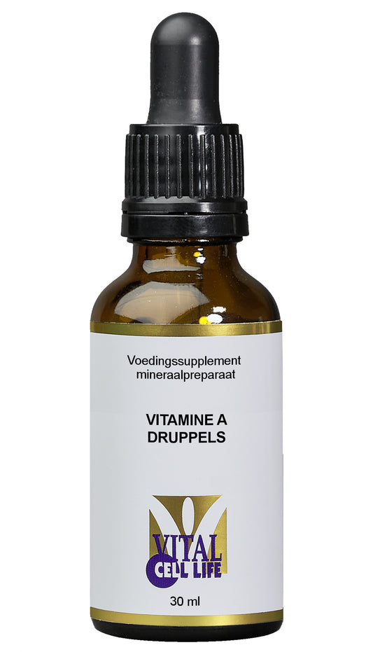 Vital Cell Life Vitamin A drops in a 30ml bottle, close-up view showing the dropper and label on the supplement container.
