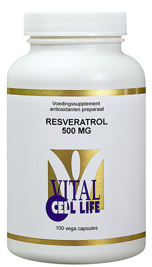 Vital Cell Life Resveratrol 500mg capsules in a bottle, dietary supplement for health and wellness.
