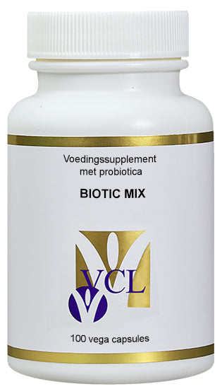 Vital Cell Life Biotic mix capsules containing micro-organisms, shown in a clear view of the 100-capsule bottle.