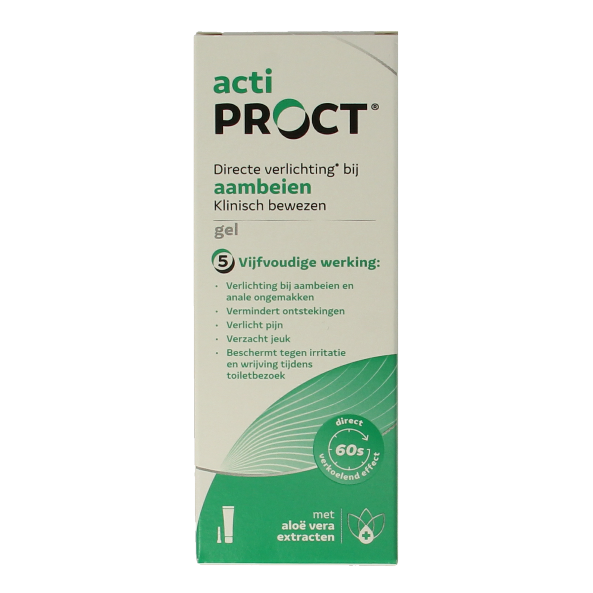 ActiProct Gel tube for hemorrhoids, 30 grams, showing the white tube with blue and green labeling.