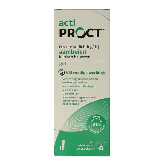 ActiProct Gel tube for hemorrhoids, 30 grams, showing the white tube with blue and green labeling.