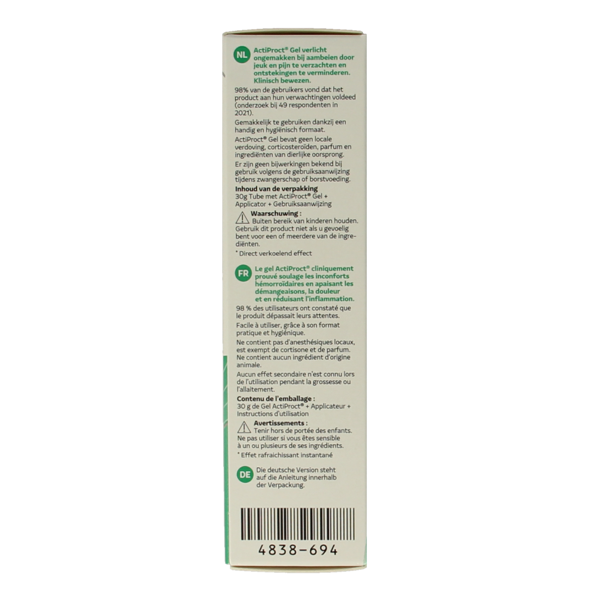 ActiProct gel tube for hemorrhoids, 30 grams, showing the white tube with blue and red accents and product branding.