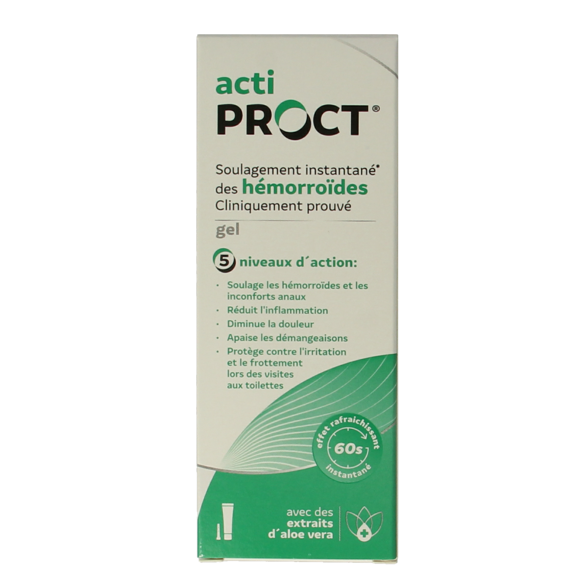 ActiProct gel tube for hemorrhoids, 30 grams, with applicator tip, in a white and green packaging.