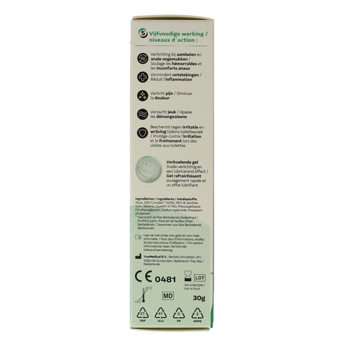 ActiProct Aambeien gel tube, 30g, with applicator for hemorrhoid relief, featuring the ActiProct brand packaging.
