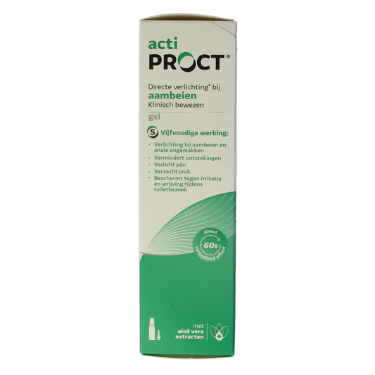 ActiProct Gel in 45ml tube, designed for hemorrhoid relief, with the packaging and applicator visible.