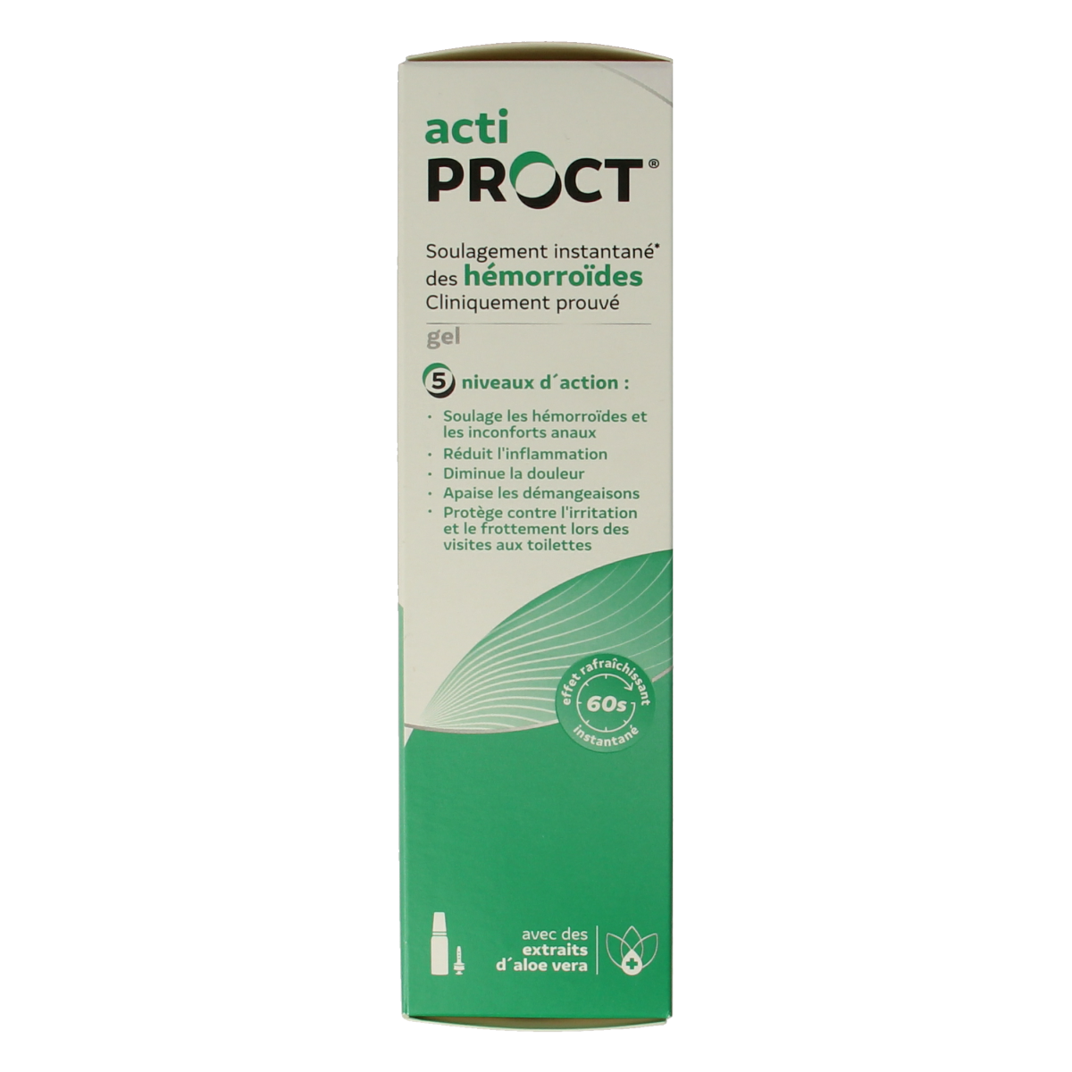 ActiProct Gel 45ml for hemorrhoids, featuring a tube of topical gel with applicator for soothing relief.