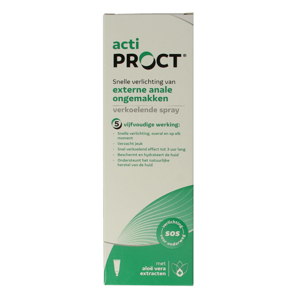 ActiProct Aambeien spray bottle with 50ml capacity, featuring a white and blue spray nozzle and label.