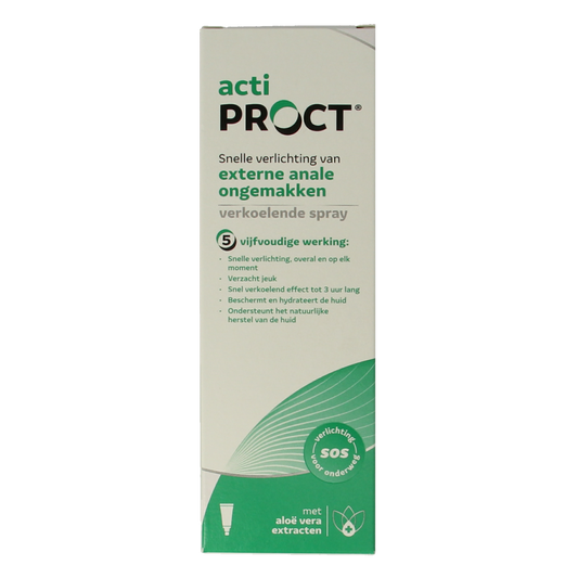 ActiProct Aambeien spray bottle with 50ml capacity, featuring a white and blue spray nozzle and label.