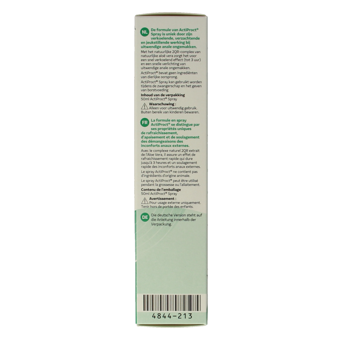 ActiProct Aambeien spray bottle with 50ml capacity, featuring a white and green design for hemorrhoid relief.