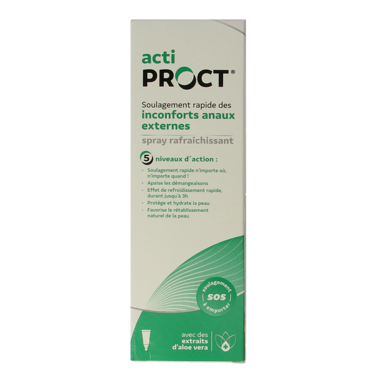 ActiProct Aambeien spray bottle, 50ml, with nozzle for hemorrhoid relief, in a clear plastic container.