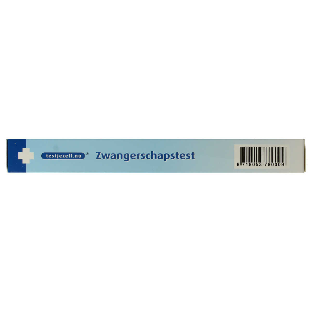 Testjezelf.nu zwangerschapstest midstream in white plastic casing, pregnancy testing device with blue cap, one piece.