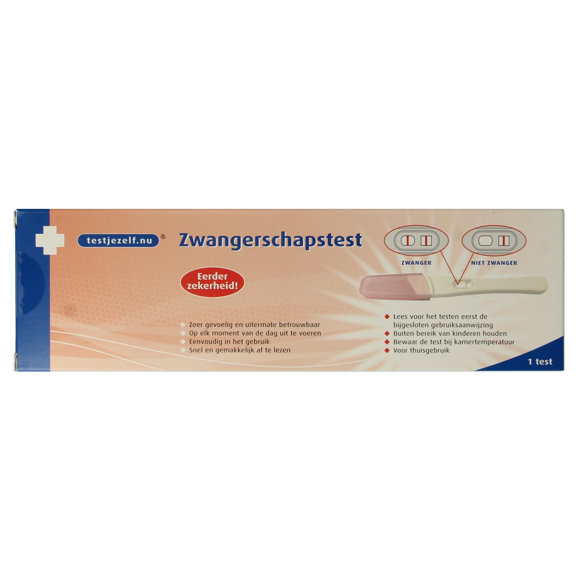 Testjezelf.nu zwangerschapstest midstream, one pack, showing the pregnancy testing strip with brand logo and packaging details.