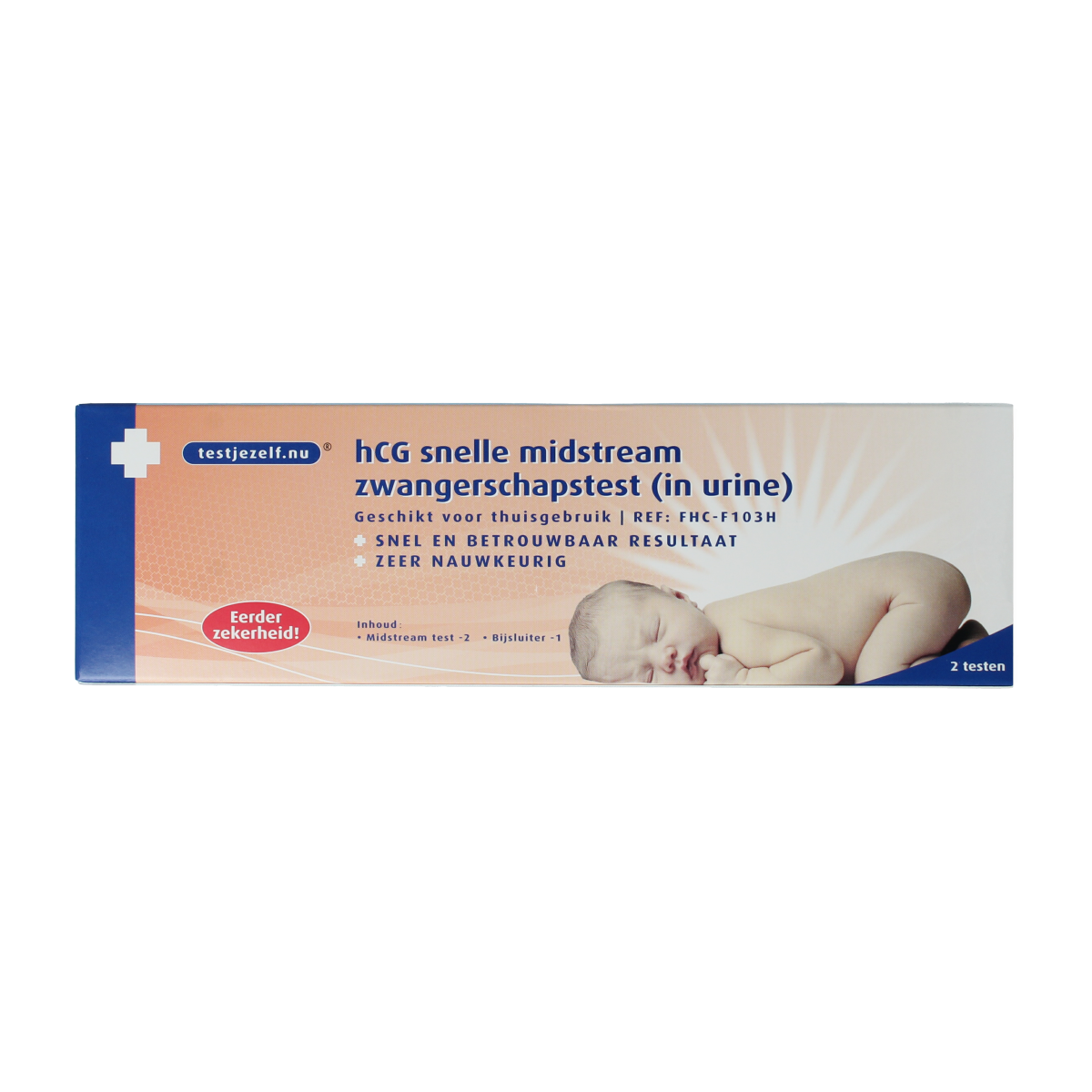 Testjezelf.nu Zwangerschapstest midstream, 2-pack, self-test kit for pregnancy detection, with clear test strips and packaging.