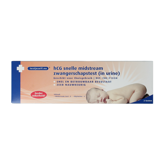 Testjezelf.nu Zwangerschapstest midstream, 2-pack, self-test kit for pregnancy detection, with clear test strips and packaging.