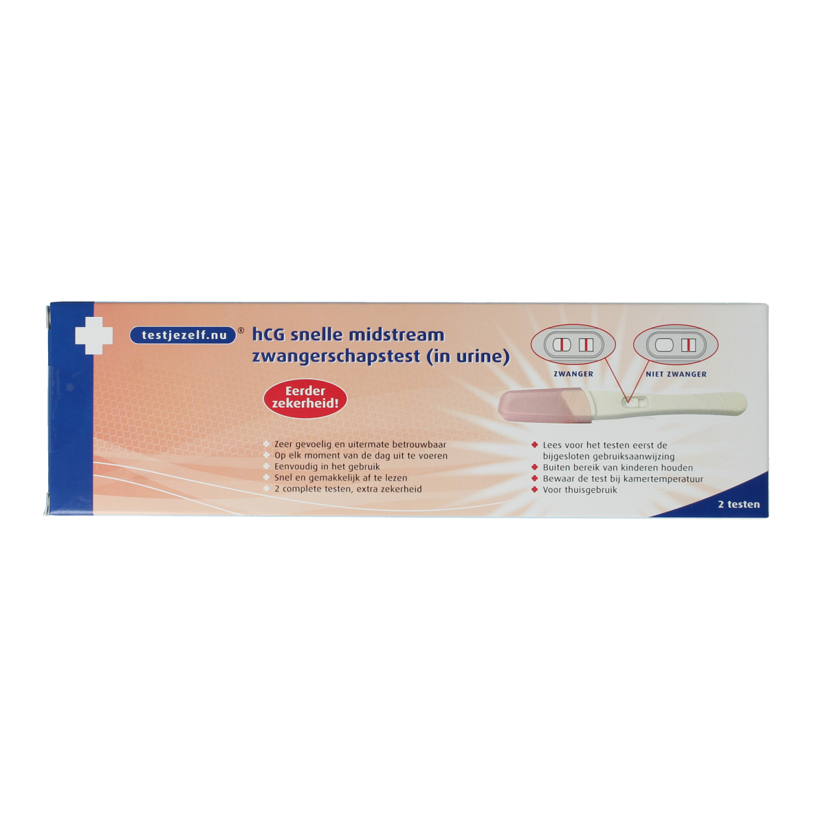 Testjezelf.nu zwangerschapstest midstream kit with 2 tests, easy-to-use self-testing pregnancy test in a white packaging.