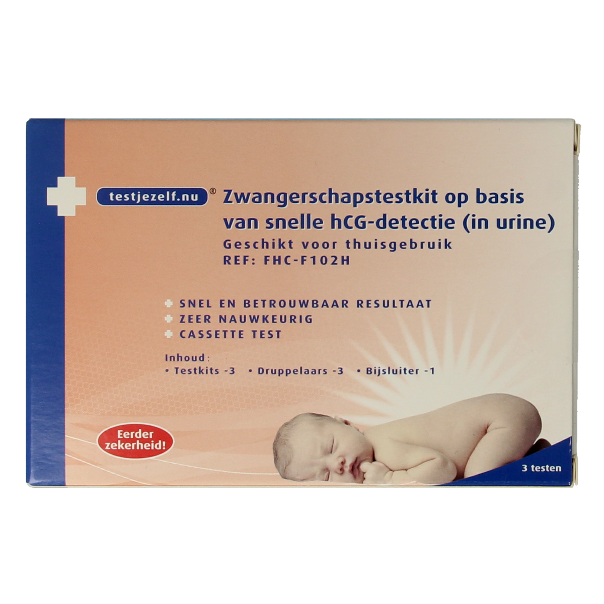 Testjezelf.nu zwangerschapstest cassette pack with 3 self-testing kits, showing the pregnancy test cassettes and packaging.