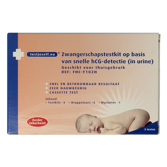 Testjezelf.nu zwangerschapstest cassette pack with 3 self-testing kits, showing the pregnancy test cassettes and packaging.