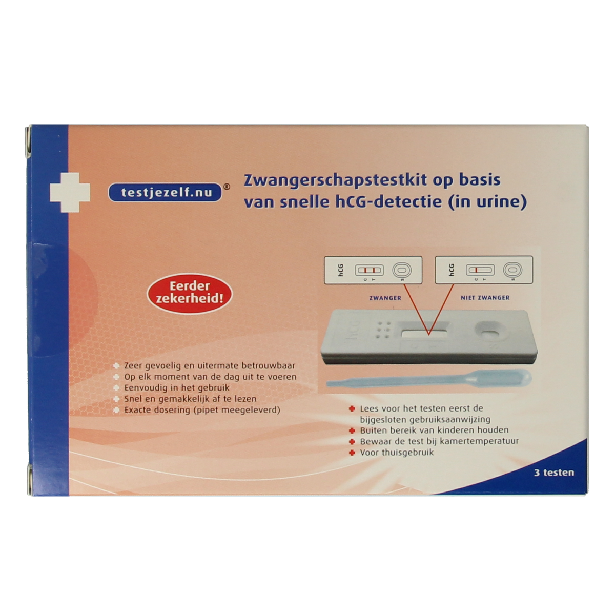 Testjezelf.nu pregnancy test cassette pack with three self-testing kits, showing the individual test cassettes and packaging.