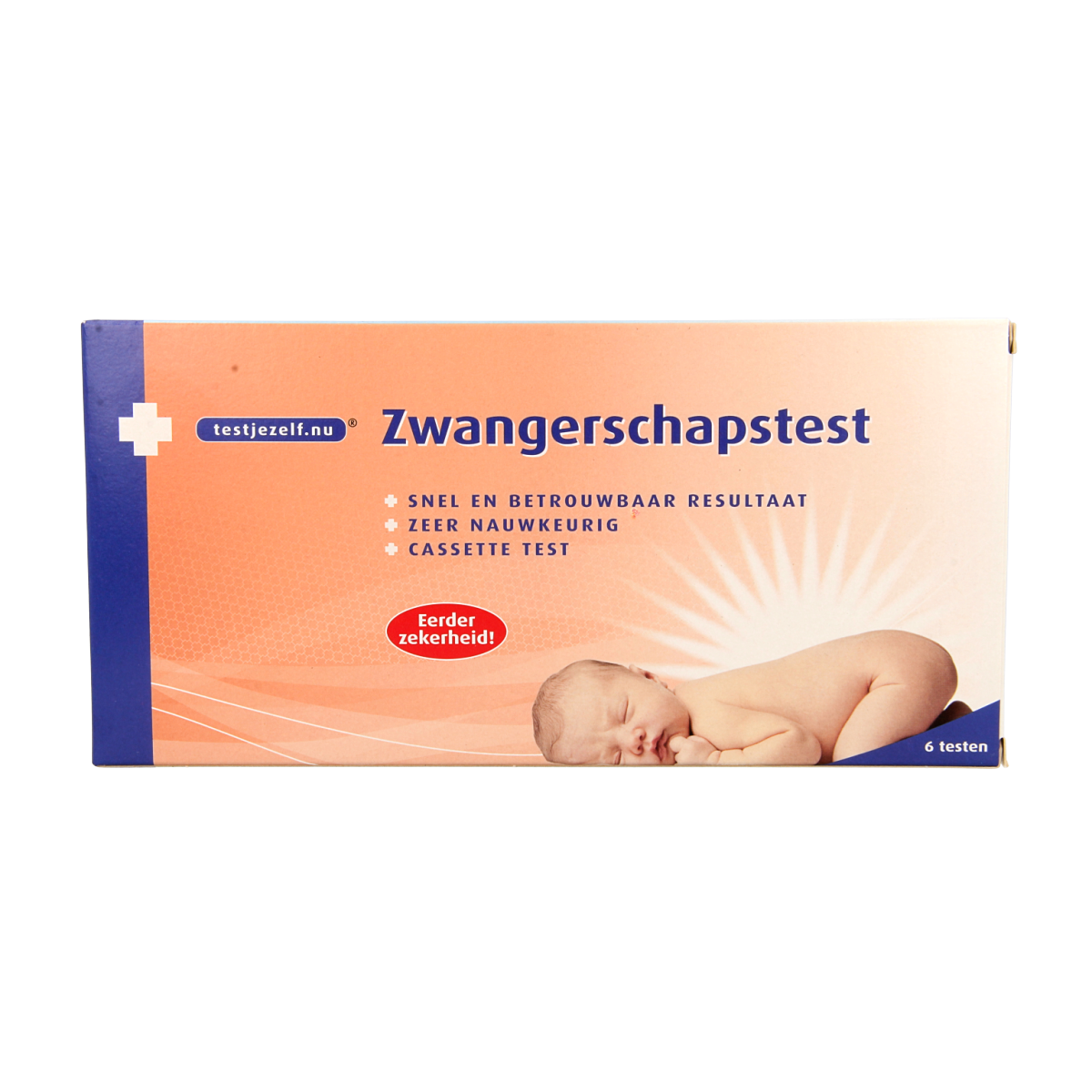 Testjezelf.nu zwangerschapstest cassette pack with 6 self-testing kits, clear digital display, and easy-to-use design.